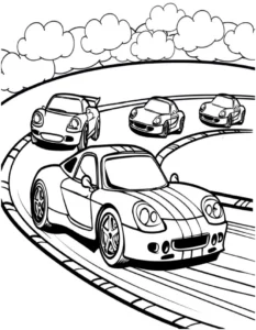 malvorlage-rennautos-auf-der-rennstrecke