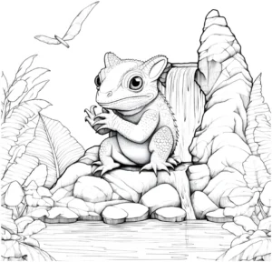 malvorlage-reptil-am-wasserfall-mit-vogel-und-pflanzen