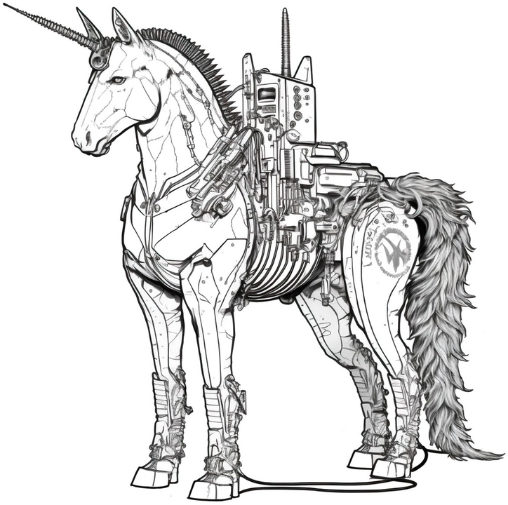 malvorlage-robo-einhorn-mit-technologie