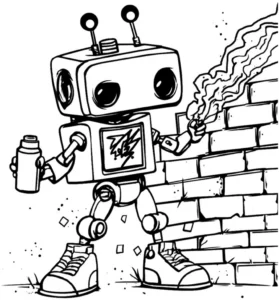 malvorlage-roboter-graffiti-backsteinmauer