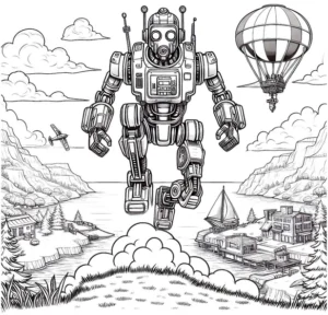 malvorlage-roboter-heissluftballon-malerische-landschaft