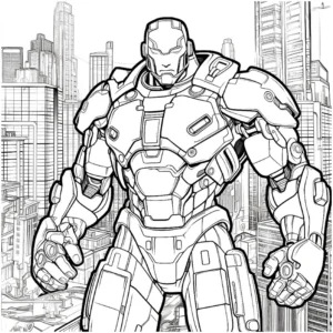 malvorlage-roboter-superheld-futuristische-stadt