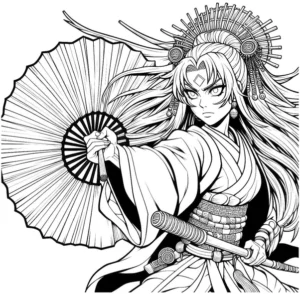 malvorlage-samurai-kriegerin-mit-faechern