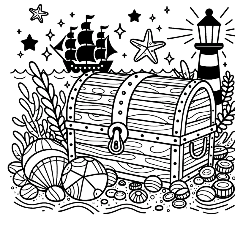 malvorlage-schatztruhe-mit-piratenschiff-und-leuchtturm