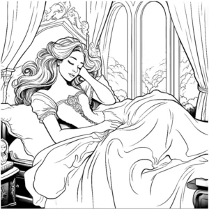 malvorlage-schlafende-prinzessin-im-maerchenzimmer