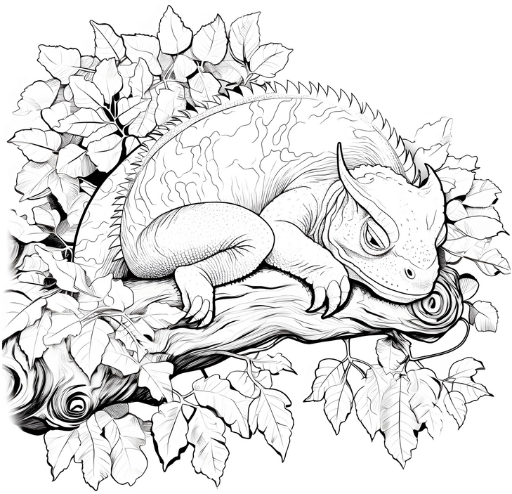 malvorlage-schlafendes-chamaeleon-zwischen-blaettern
