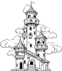 malvorlage-schloss-mit-tuerme-und-wolken