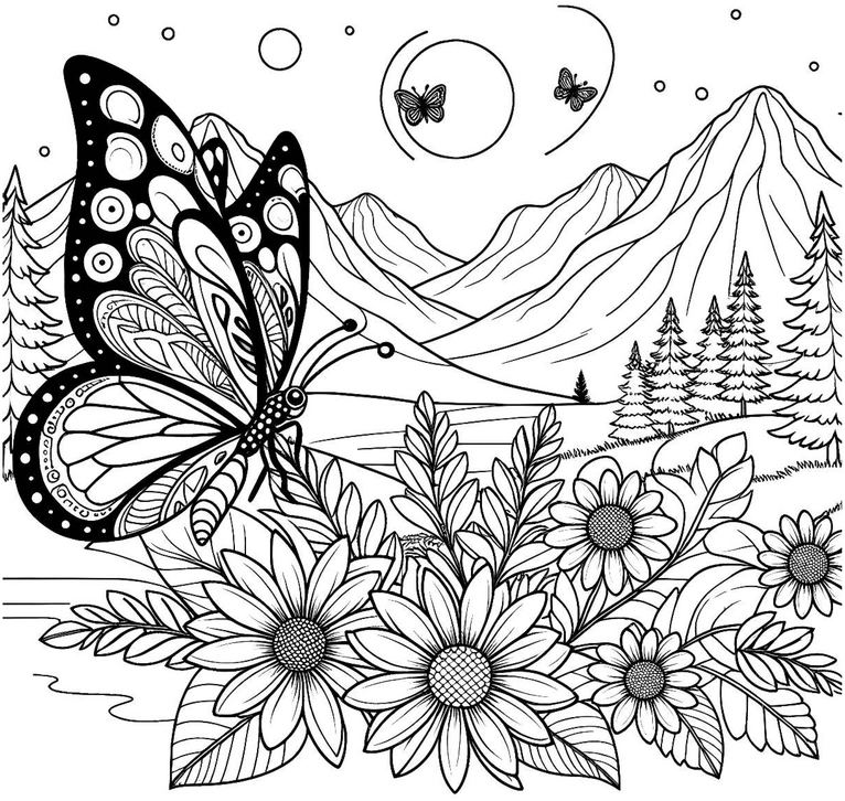 malvorlage-schmetterling-in-der-natur-mit-blumen-und-bergen