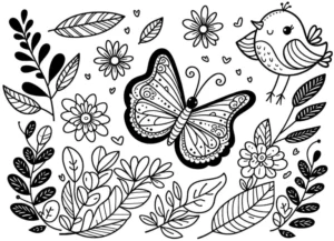 malvorlage-schmetterling-und-vogel-blumen-landschaft