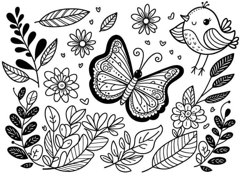 malvorlage-schmetterling-und-vogel-blumen-landschaft