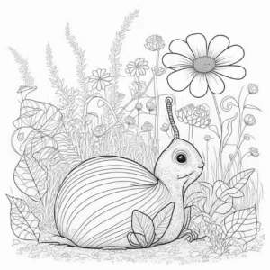 malvorlage-schnecke-in-bluender-pflanzenlandschaft
