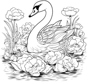 malvorlage-schwaene-und-blumen-im-wasser