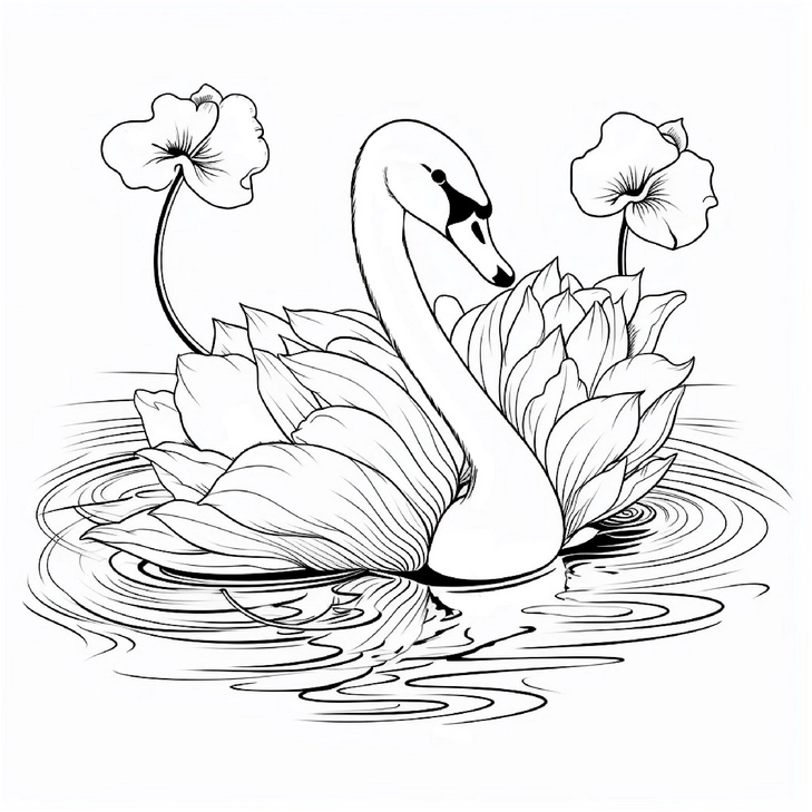 malvorlage-schwan-auf-wasser-mit-seerosen