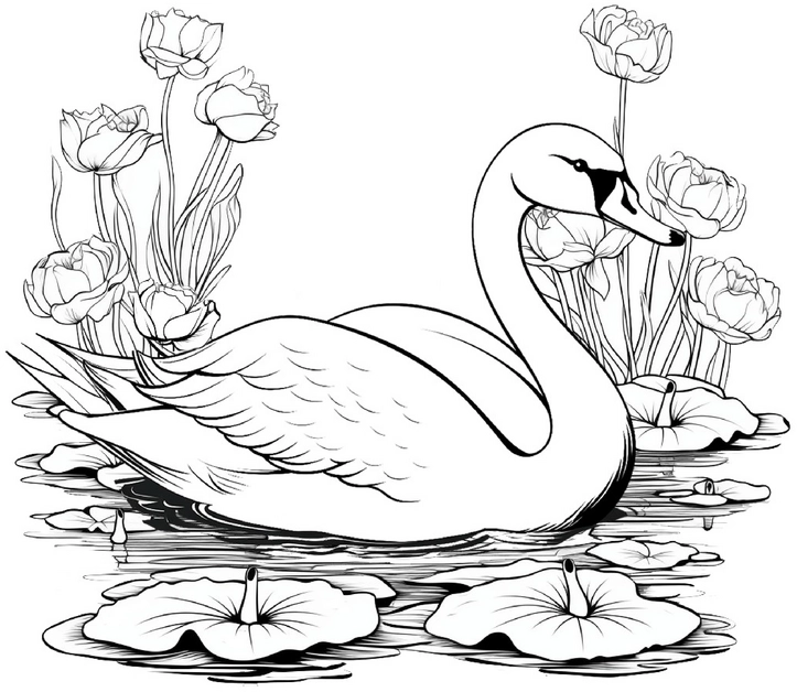 malvorlage-schwan-im-blumenmeer-mit-seerosen