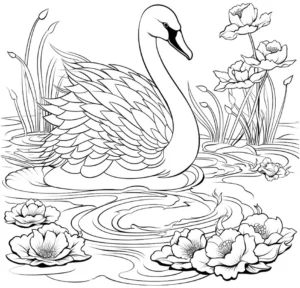 malvorlage-schwan-im-teich-mit-blumen