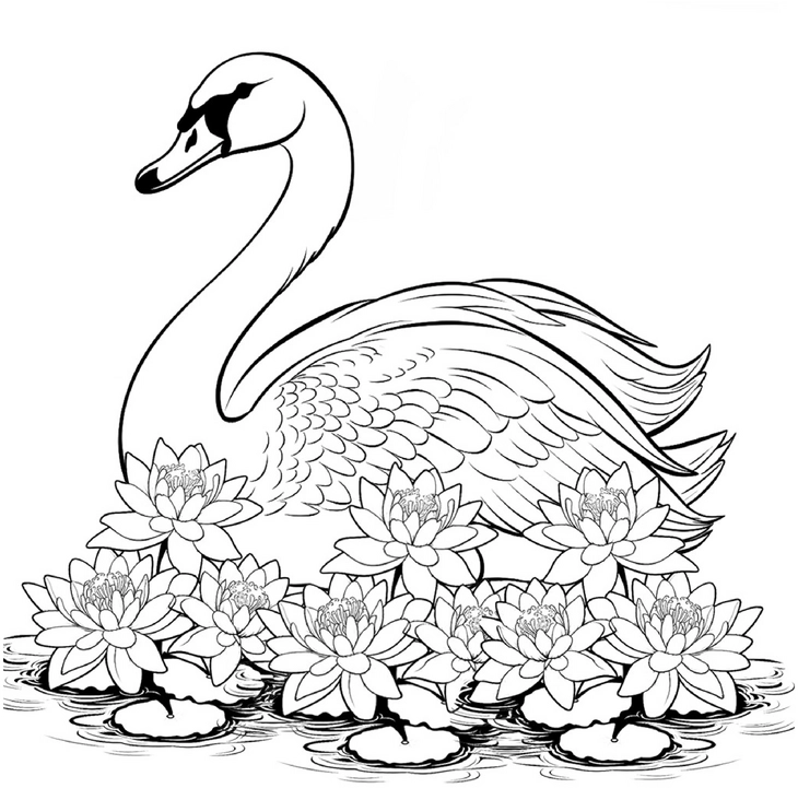 malvorlage-schwan-mit-seerosen-ausmalen