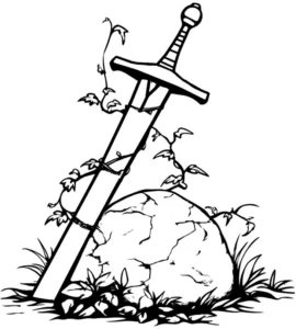 malvorlage-schwert-im-felsen-mit-pflanzen