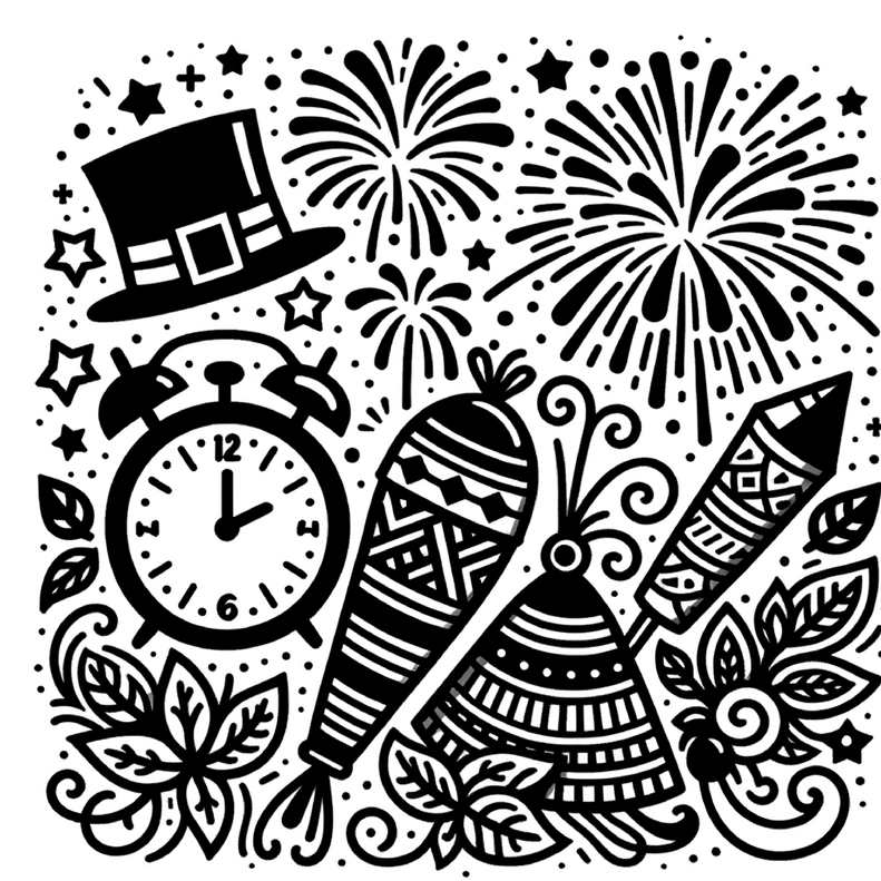 malvorlage-silvester-feuerwerk-uhr