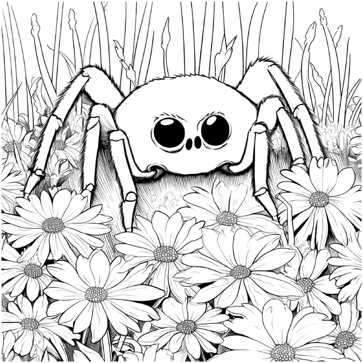 malvorlage-spinne-in-bunten-blumen