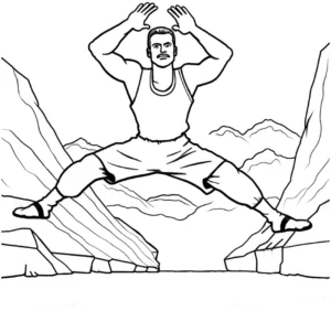 malvorlage-sportler-im-sprung-zwischen-felsen
