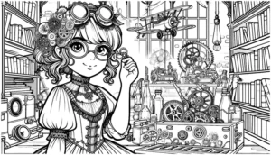 malvorlage-steampunk-maedchen-in-atelier-mit-zahnrädern