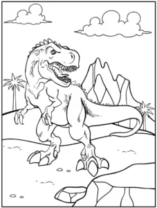 malvorlage-t-rex-in-prähistorischer-landschaft