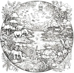 malvorlage-tiere-in-der-natur-mit-elefanten-und-voegeln