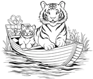 malvorlage-tiger-im-boot-mit-baby-und-blumen