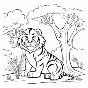malvorlage-tiger-im-dschungel-mit-baum-und-pflanzen