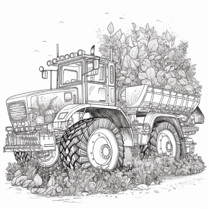 malvorlage-traktor-voll-mit-pflanzen-und-blumen