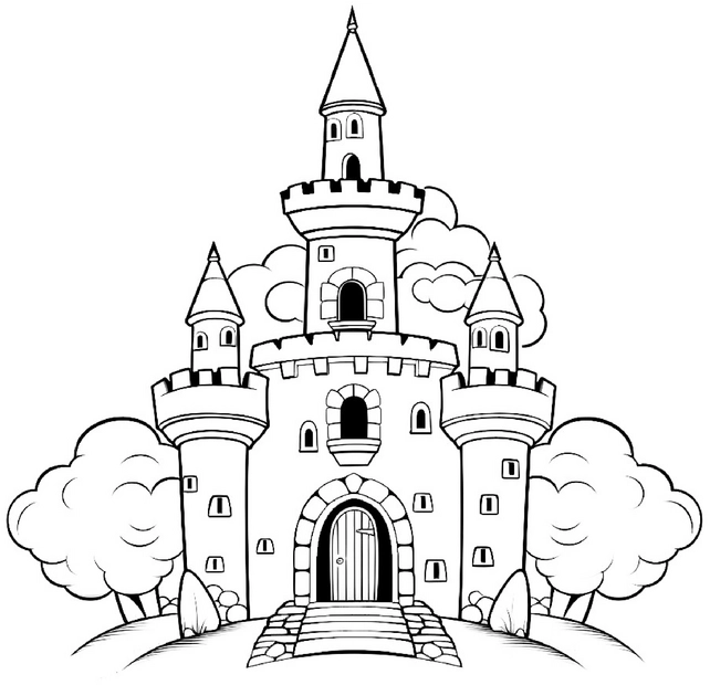 malvorlage-traumhaftes-schloss-mit-tuerme-und-baeume