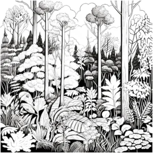 malvorlage-ueppiger-wald-mit-pflanzen-und-baeumen