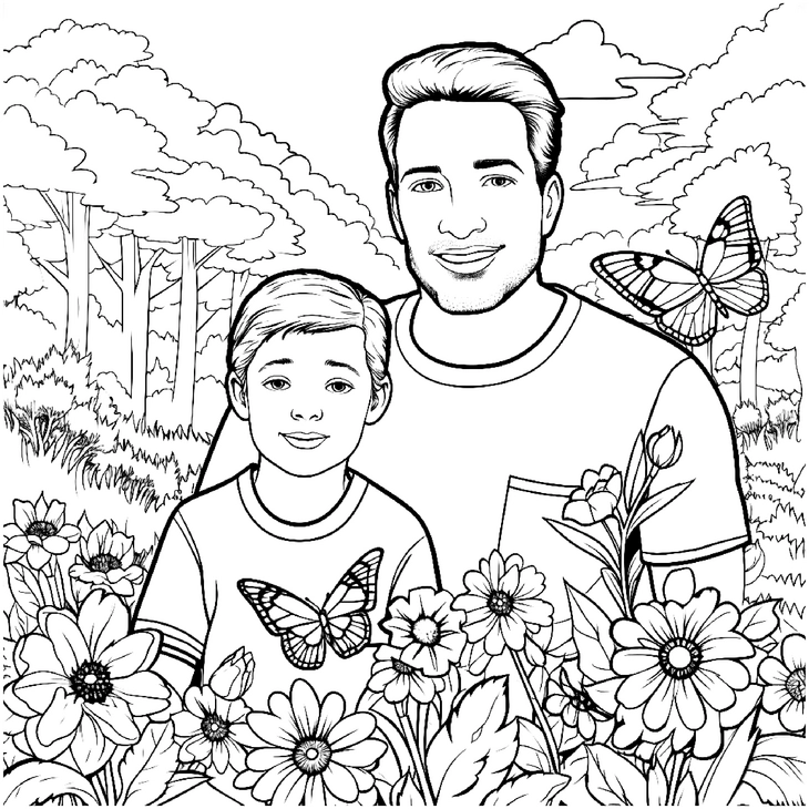 malvorlage-vater-sohn-blumen-schmetterlinge