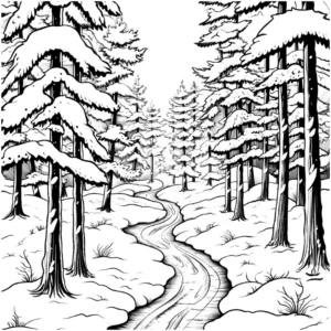 malvorlage-verschneiter-wald-mit-pfad