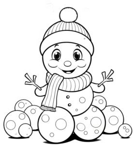 malvorlage-verspielter-schneemann-mit-schneebaellen
