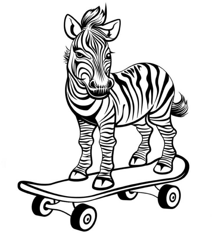 malvorlage-verspieltes-zebra-auf-skateboard