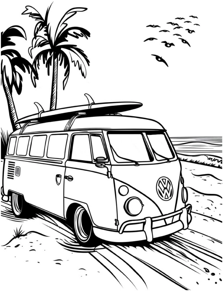 malvorlage-vw-bus-am-strand-mit-palmbaeumen