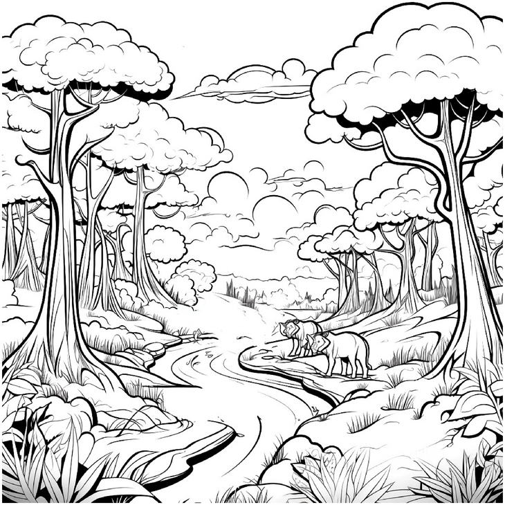 malvorlage-wald-elefanten-am-fluss