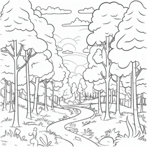malvorlage-wald-mit-baeumen-und-bach