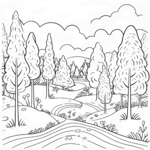 malvorlage-waldlandschaft-mit-baeumen-und-fluss