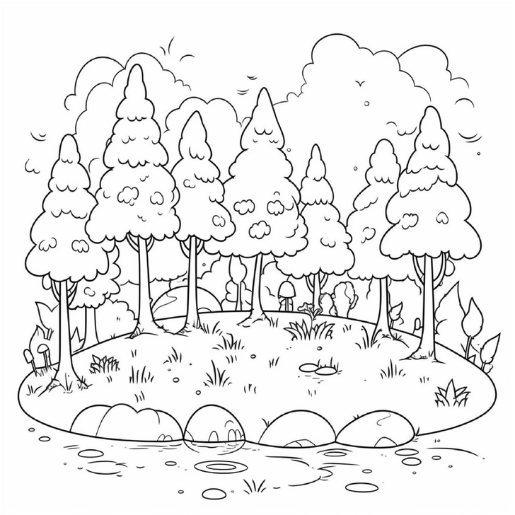 malvorlage-waldlandschaft-mit-baeumen-und-gewaesser
