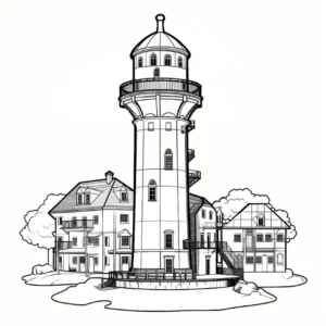 malvorlage-wasserturm-mit-gebaueden