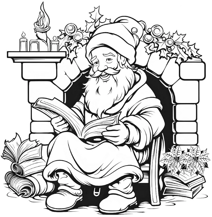 malvorlage-weihnachtsmann-beim-lesen-vor-kamin