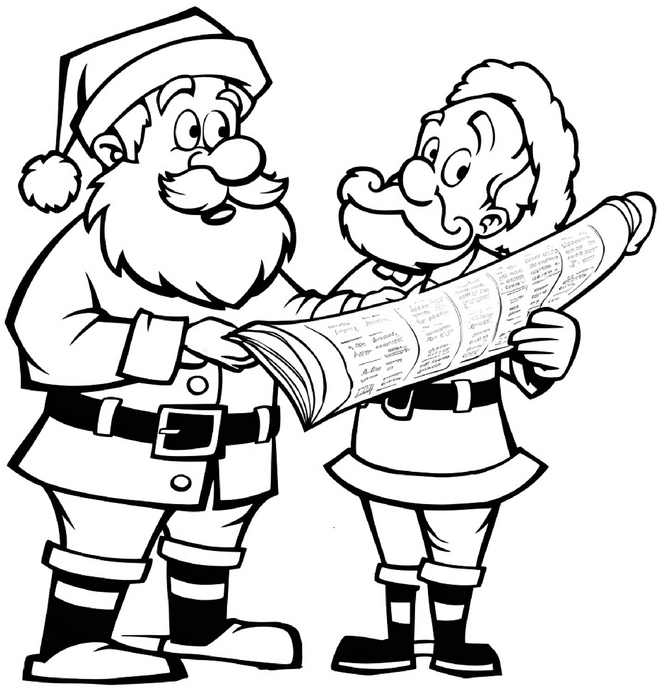 malvorlage-weihnachtsmann-und-freund-mit-liste