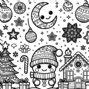 malvorlage-weihnachtszauber-mit-schneemann-und-ornamenten
