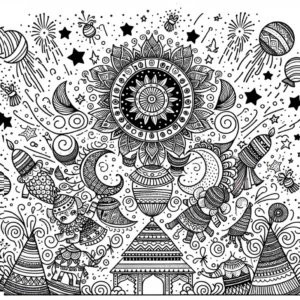 malvorlage-weltall-mit-raketen-und-mandala