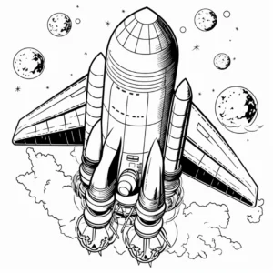 malvorlage-weltraumrakete-umgeben-von-planeten