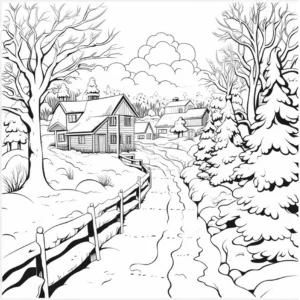 malvorlage-winterlandschaft-huetten-nadelbaeume