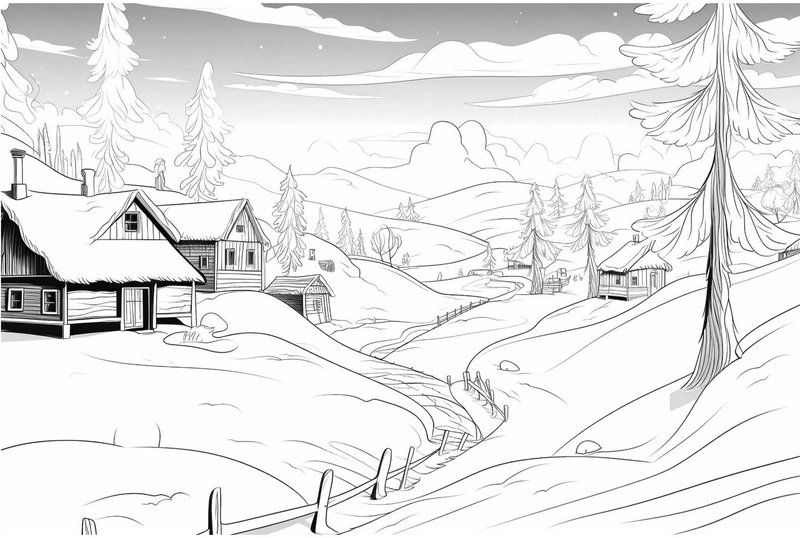 malvorlage-winterlandschaft-mit-huetten-und-tannenbaeumen