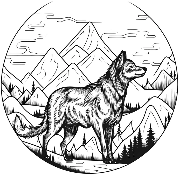 malvorlage-wolf-in-berglandschaft